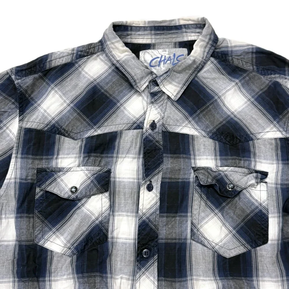 Chalc Western Button Up Shirt Mens XL Blue‎ Plaid Long Sleeve Cotton